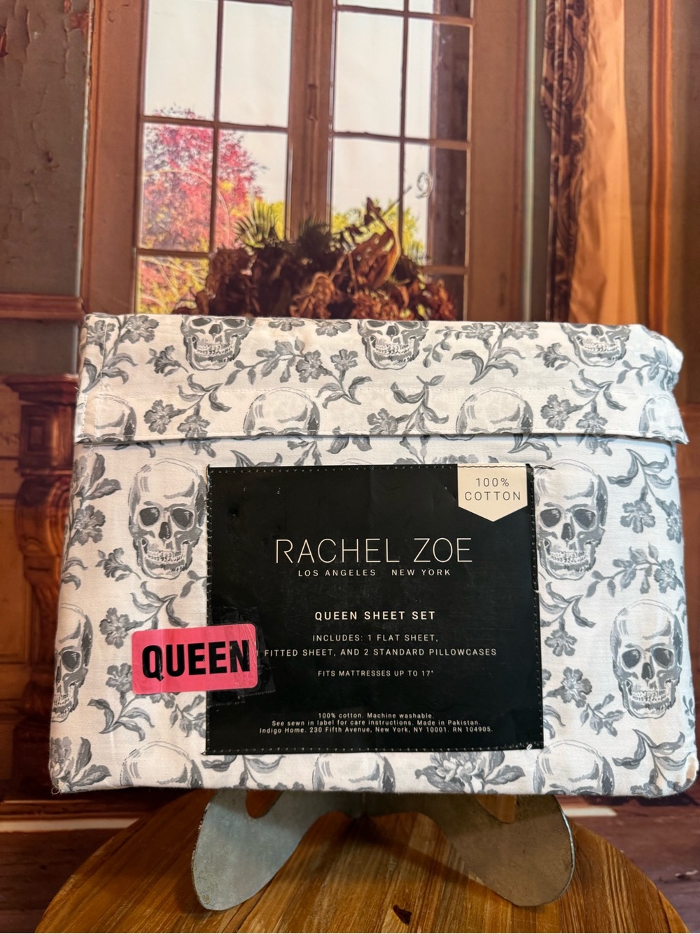 Rachel Zoe Queen Sheet Set NWT Cotton Summerween Halloween Skulls Floral 💀